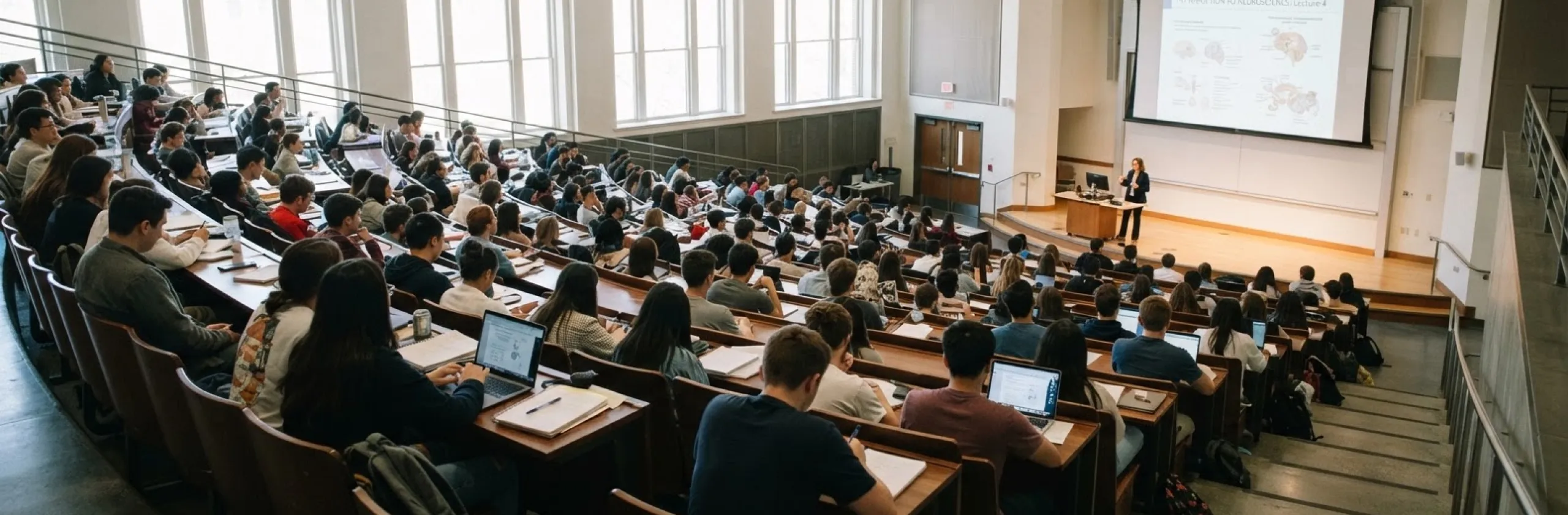 Tiered lecture hall filled with students at long desks facing an instructor and projection screen