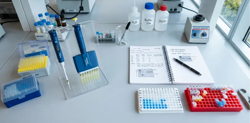 Laboratory bench with pipettes, tip boxes, reagent bottles and an open handwritten notebook