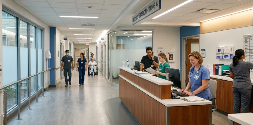 Staff in scrubs working at a hospital nurses' station along a bright patient corridor
