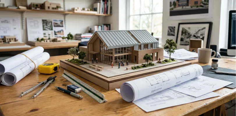 Architectural scale model on a studio table beside rolled drawings and drafting tools