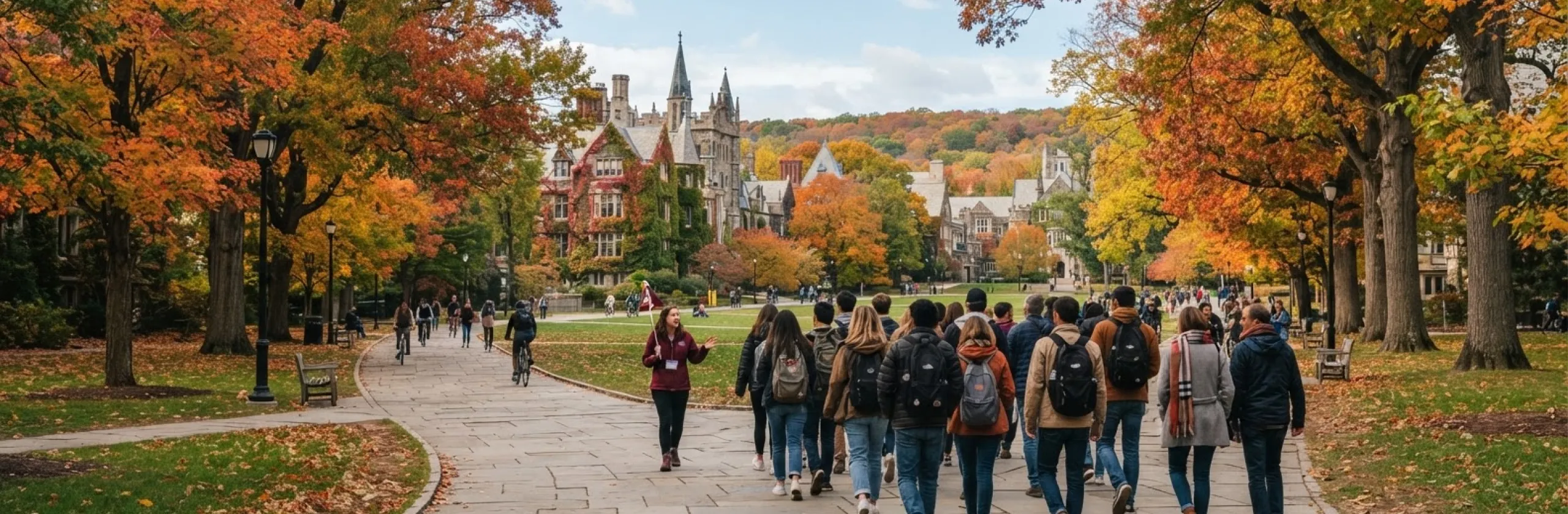 Prospective students following a guide along a tree-lined campus path in autumn