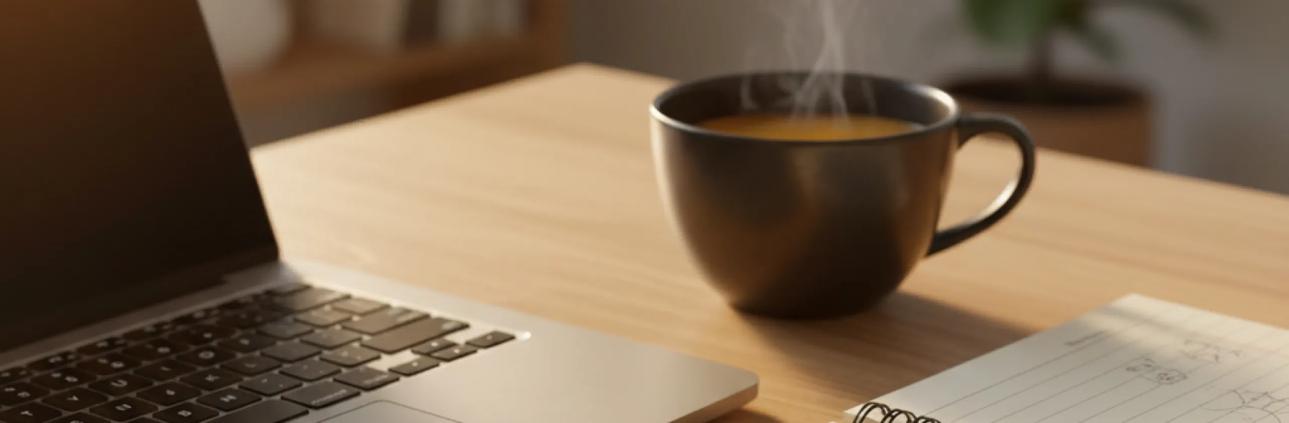 Open laptop, steaming mug and a spiral notebook on a sunlit wooden desk