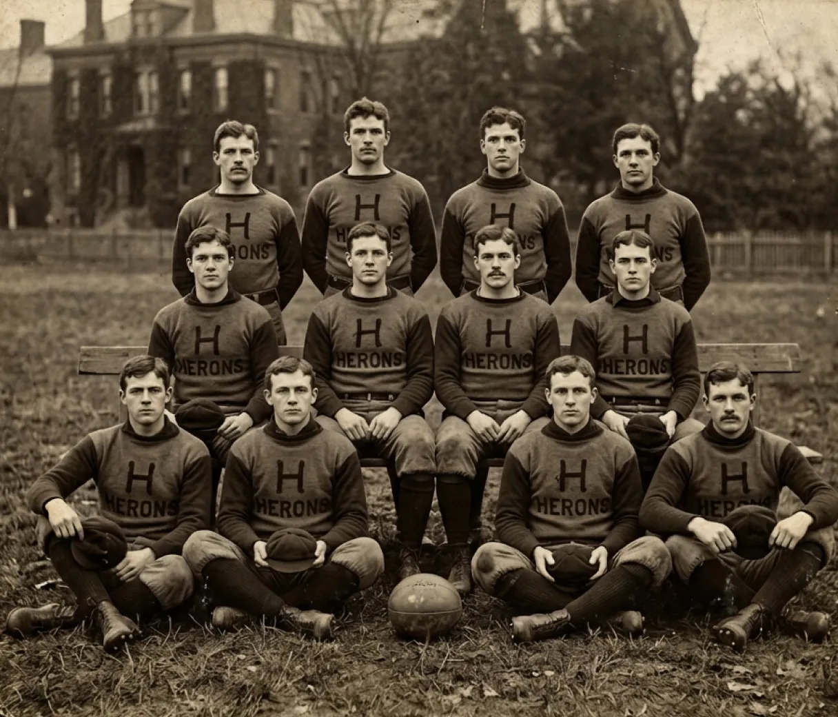 Archival team photograph of twelve players in lettered sweaters posed outside a brick house