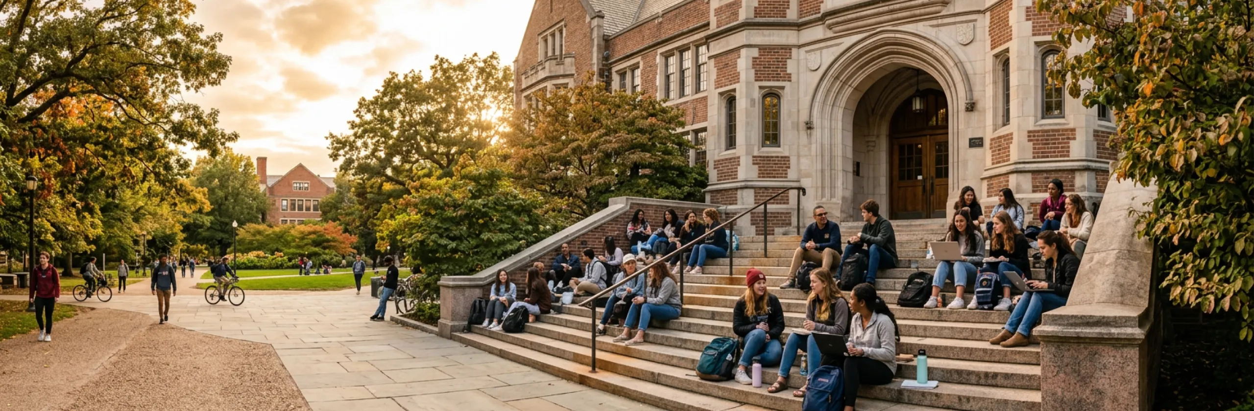 Students sitting and talking on the stone steps of an arched brick building at sunset