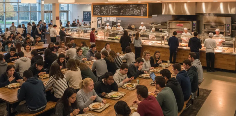 Students eating at long wooden tables while staff serve from hot counters behind
