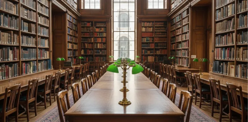 Long reading table lined with green-shaded lamps between floor-to-ceiling wooden bookshelves