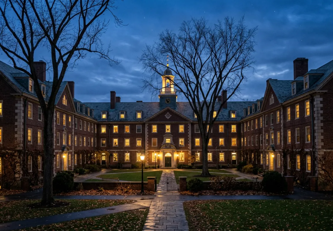 Brick residential quadrangle with lit windows and a clock tower at dusk