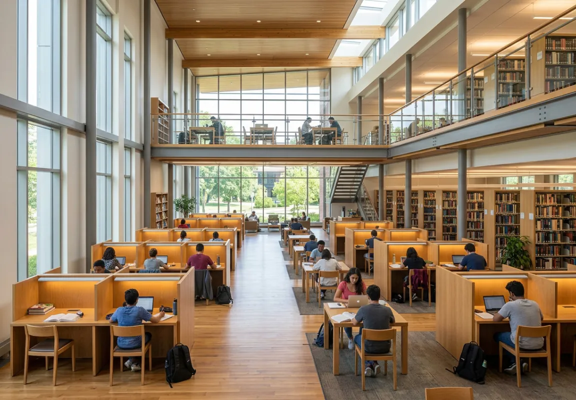 Students working at wooden study carrels in a two-story hall with tall windows
