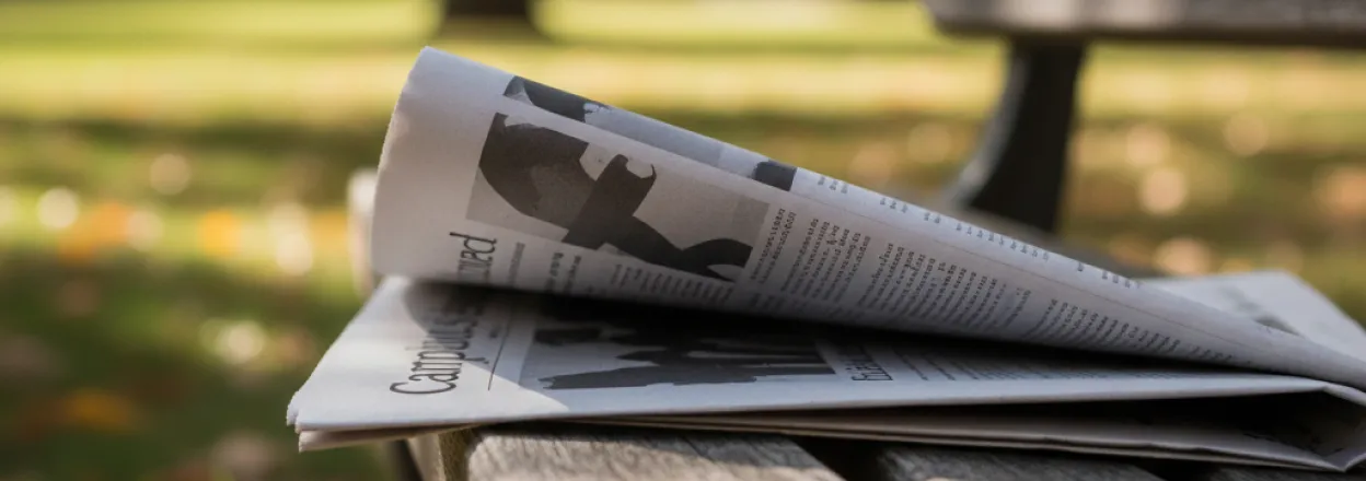 Folded student newspapers stacked on a wooden bench with a sunlit lawn behind