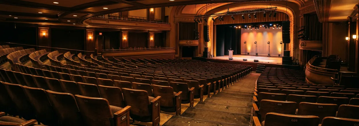 Empty theater auditorium with curved rows of seats facing a lit stage and lectern