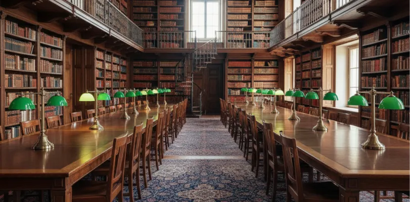 Reading room with two tiers of bookshelves, a spiral stair, and brass table lamps