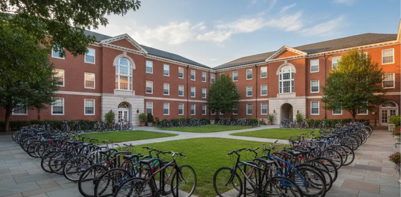 Rows of parked bicycles on a paved courtyard in front of a brick residence