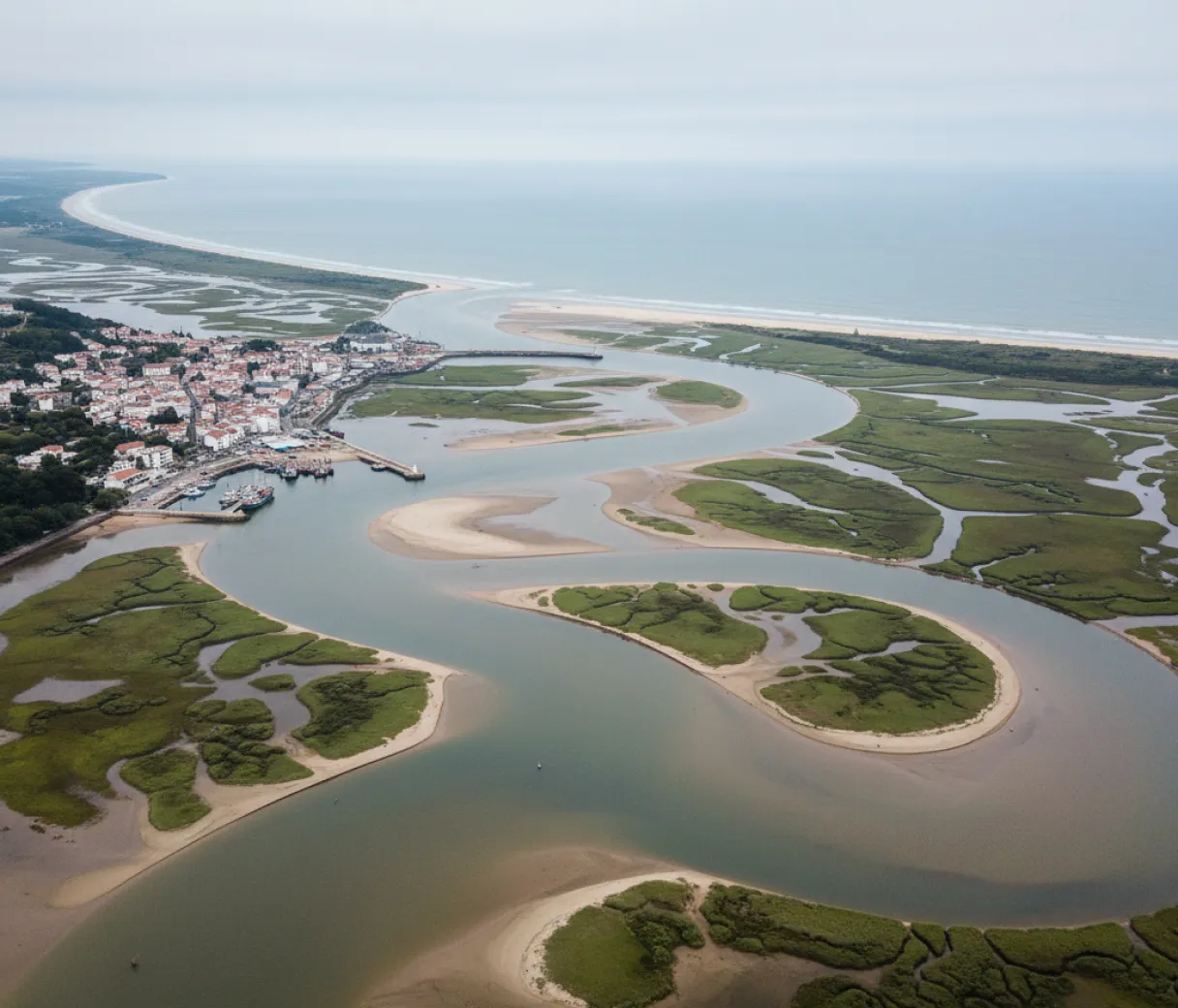 Aerial view of a tidal estuary with sandbars, marsh channels, and a harbor town