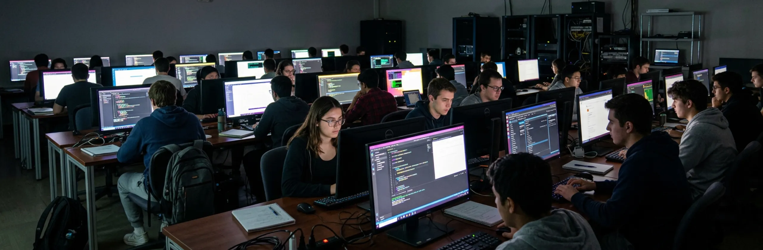 Students writing code at rows of desktop monitors in a dim computer lab