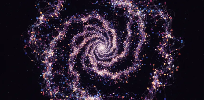 Spiral of colored dots and light trails forming a network diagram on black