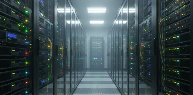 Aisle between rows of server racks with status lights in a data center