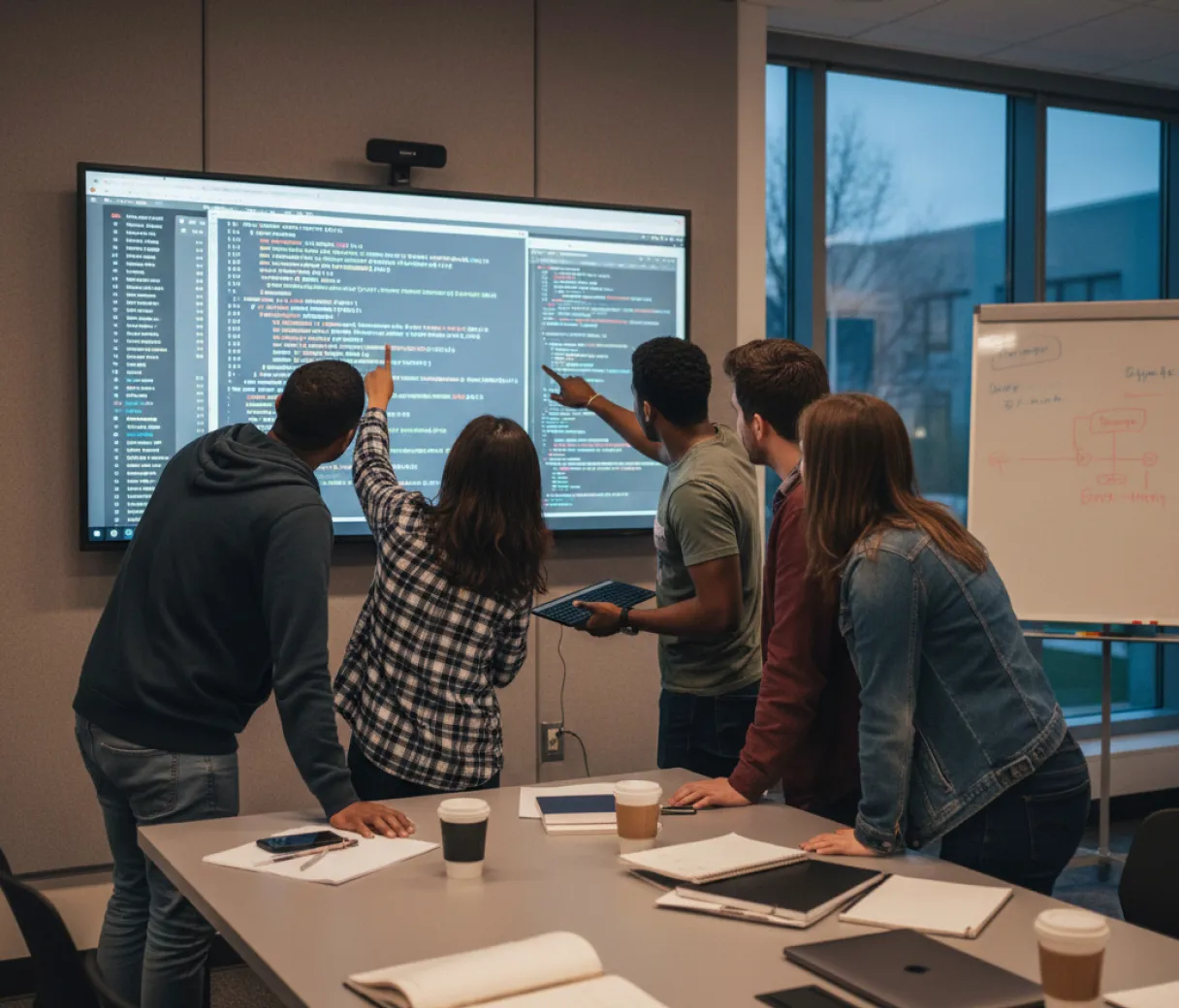 Five students gathered at a wall display of code, one pointing, whiteboard alongside