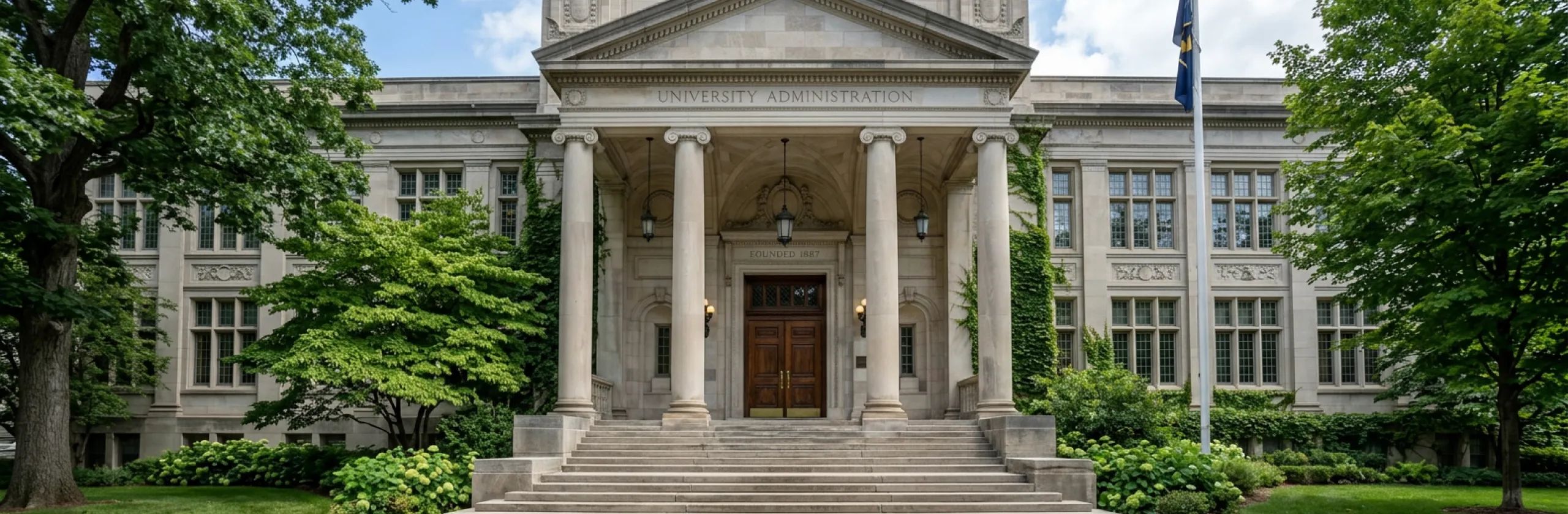 Columned stone administration building with a broad flight of steps and flagpole