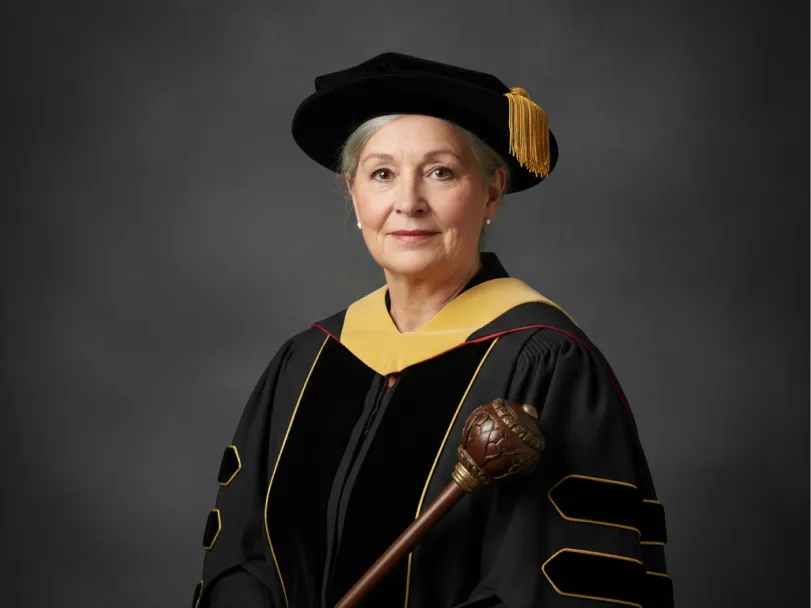 Dana Whitfield in academic regalia and a doctoral cap, holding a carved ceremonial mace
