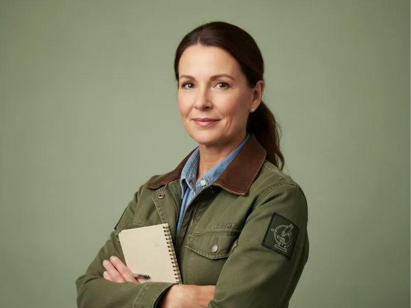 Dr. Helen Vasquez in a green field jacket, arms folded around a spiral notebook