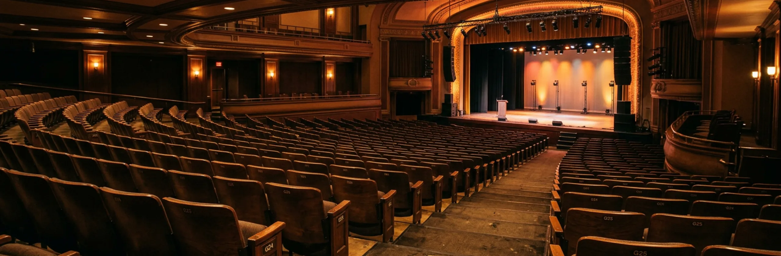 Empty theater auditorium with tiered seats facing a lit stage and lectern
