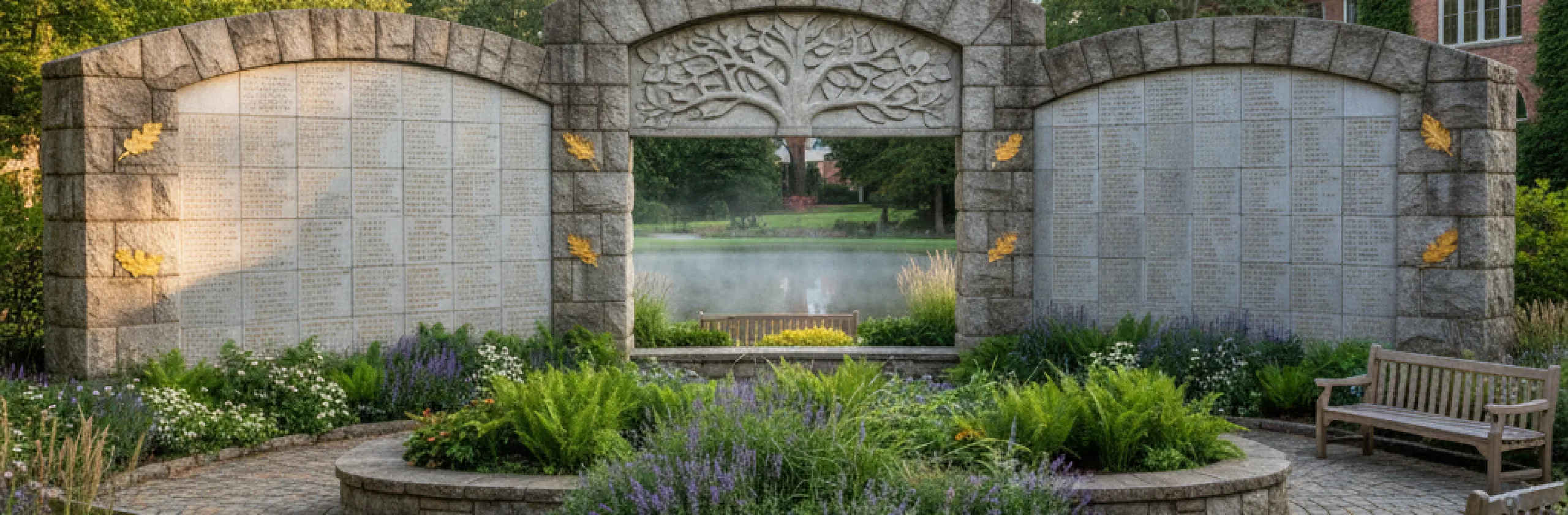 Stone donor wall engraved with names, framed by garden beds and a pond behind