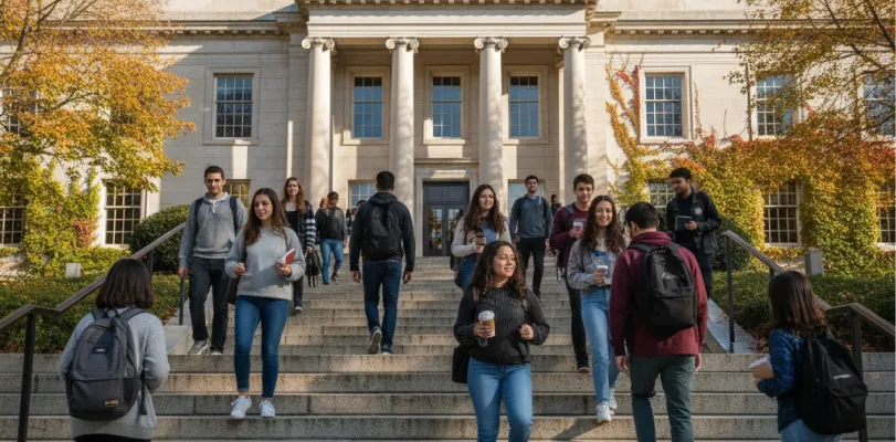 Students with backpacks walking down the steps of a columned building in autumn
