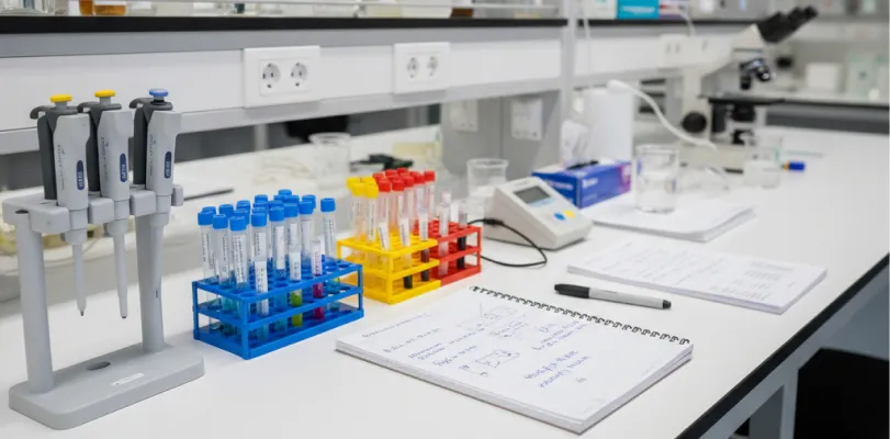 Laboratory bench with pipettes, racks of test tubes, handwritten notes and a microscope