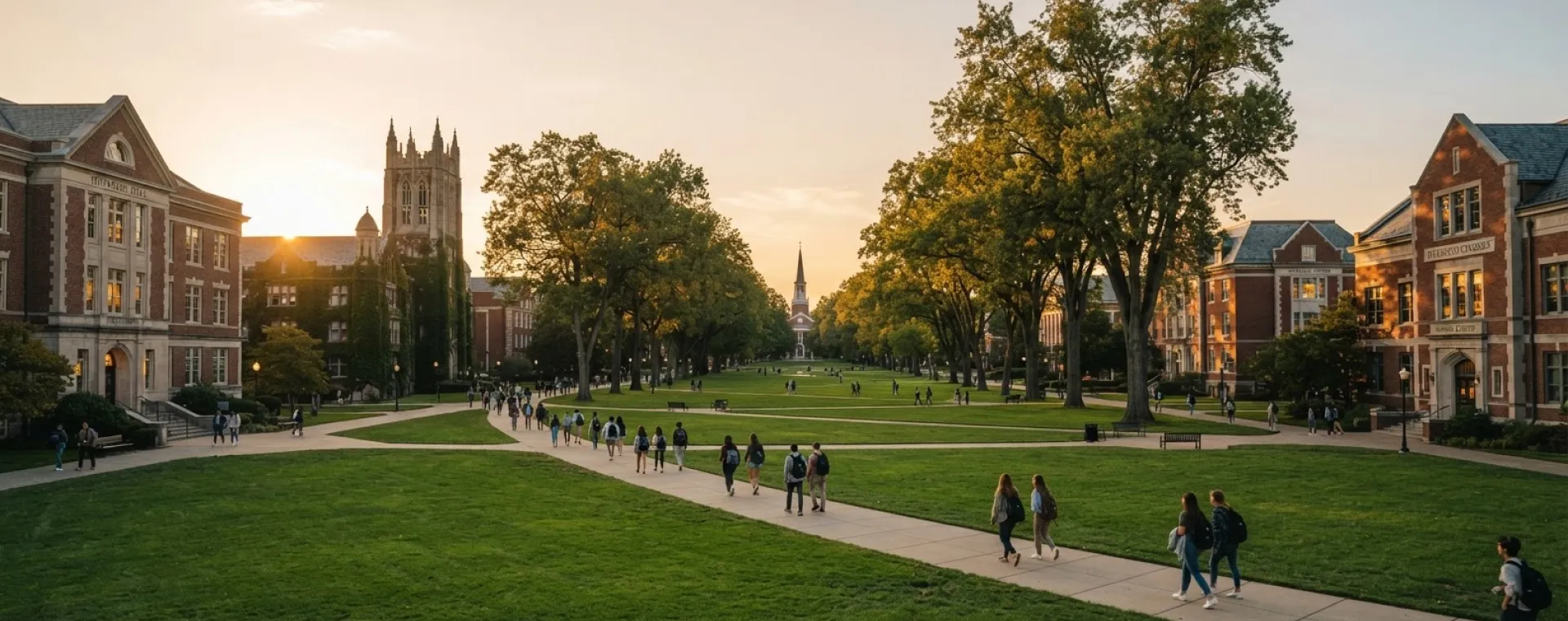 Students crossing a tree-lined campus quad at sunset, brick buildings and a tower beyond