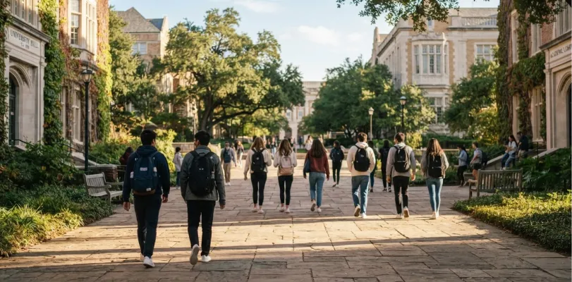 Students with backpacks walking a paved path between stone campus buildings