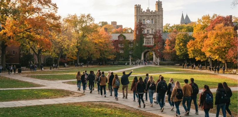 Group walking a campus path in fall foliage toward a stone clock tower