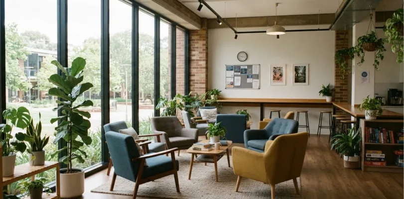 Student lounge with armchairs, potted plants, bookshelves and windows onto the campus