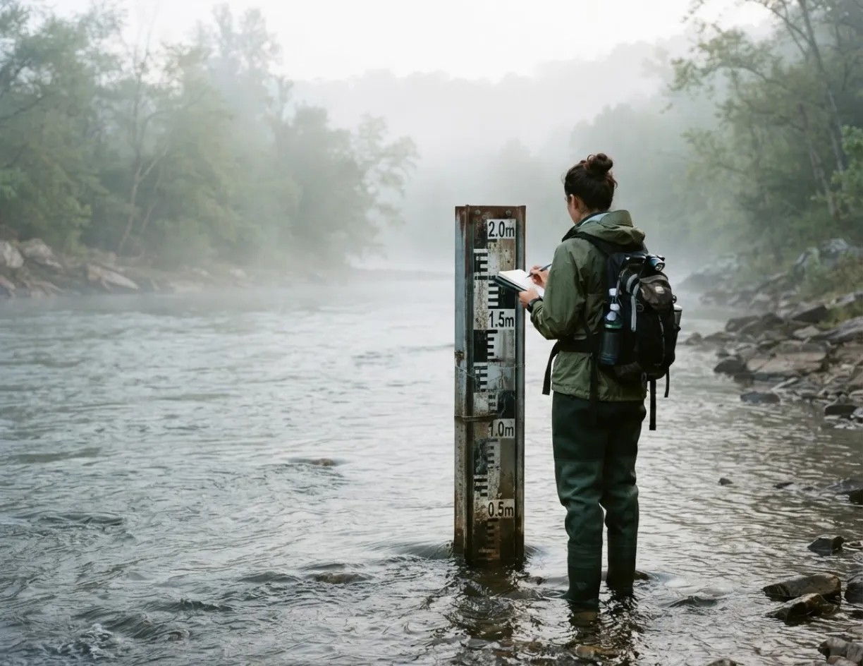 Researcher standing in a river taking notes beside a marked water-level gauge