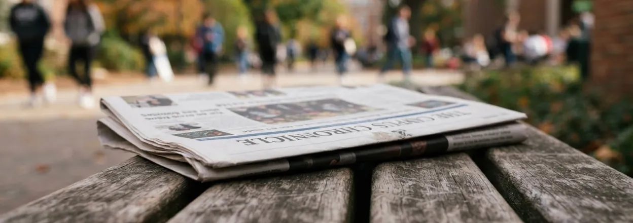 Folded newspaper resting on a weathered wooden bench, with people walking a path behind