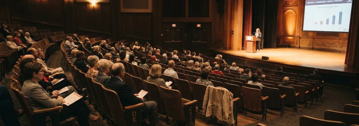 Speaker at a lectern addressing a seated audience in a wood-paneled auditorium, slides projected behind