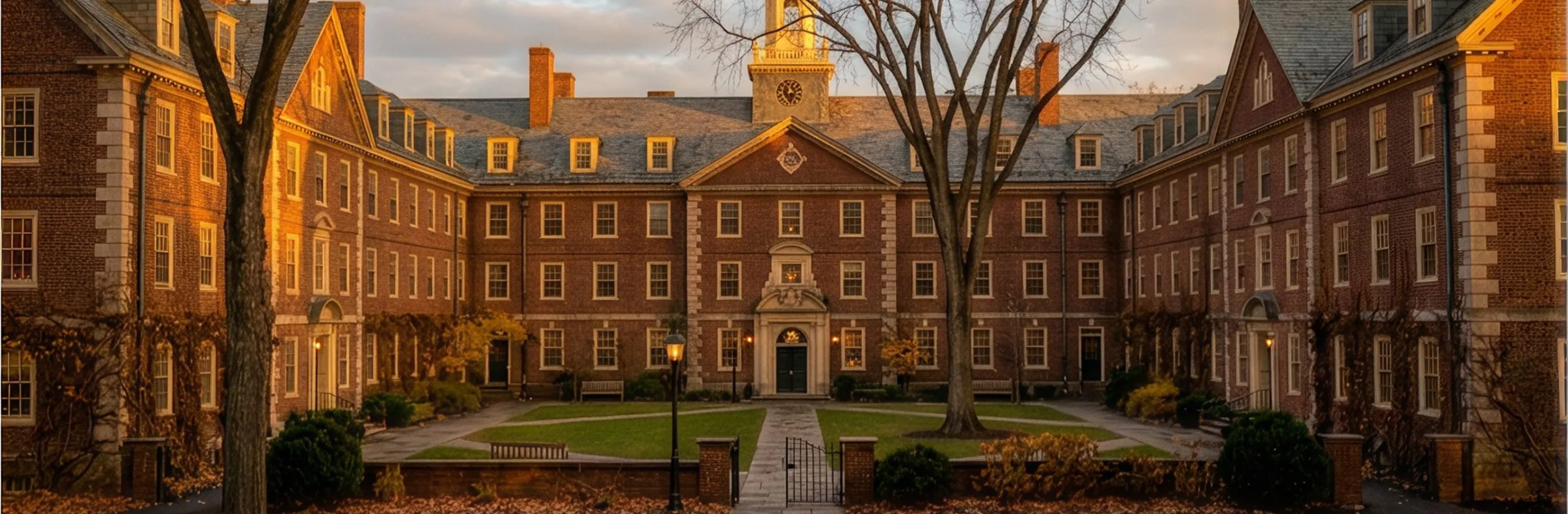 Brick residence halls framing a landscaped quadrangle at sunset, bare trees and a clock tower