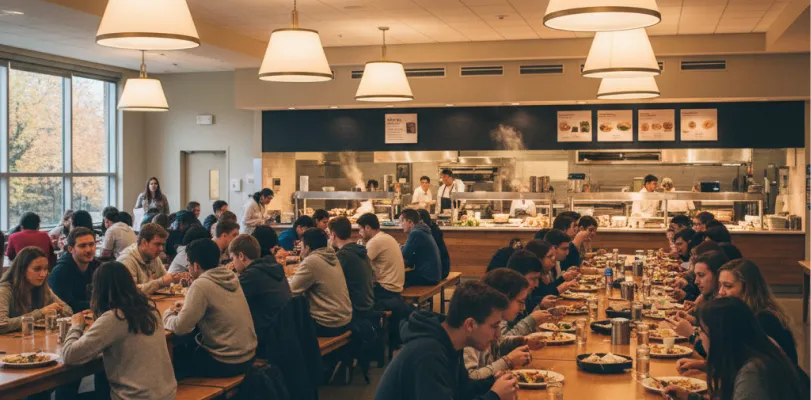 Students eating at long shared tables under pendant lamps, cooks working at the serving line