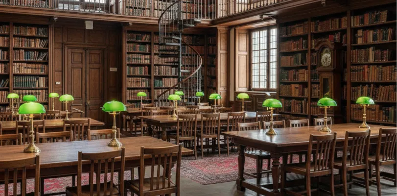 Wood-paneled reading room with long tables, green-shaded lamps, tall bookcases and a spiral staircase
