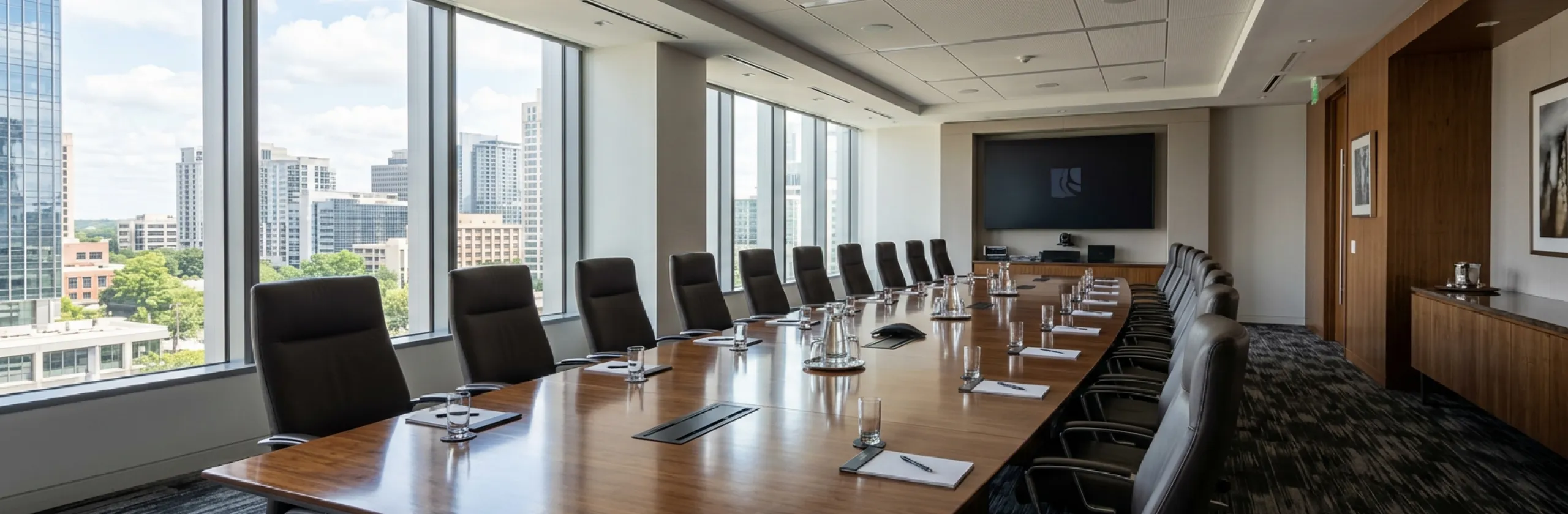 Empty boardroom with a long polished table, black leather chairs and tall windows onto trees