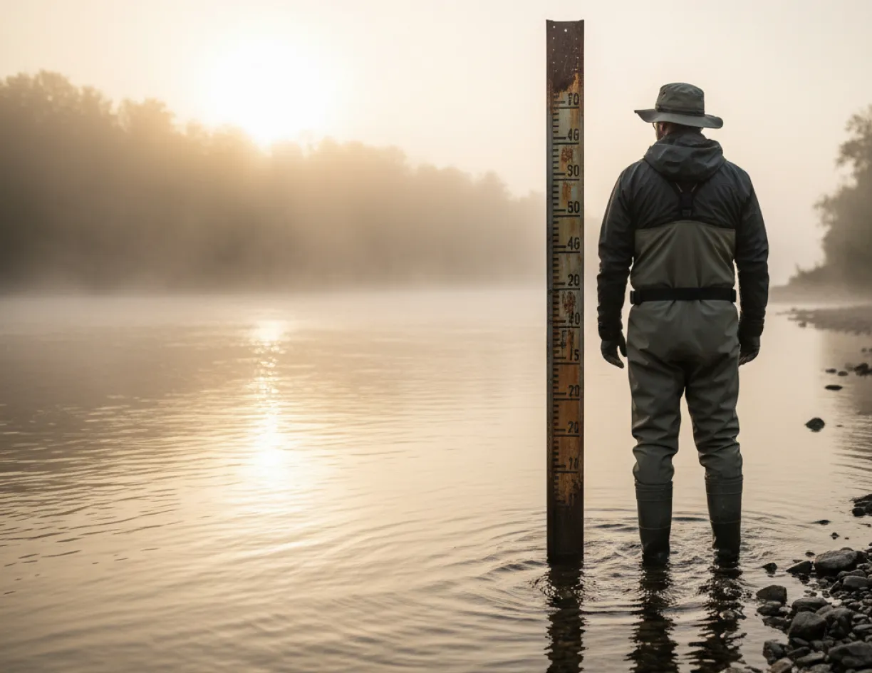 Researcher in waders standing in shallow water beside a marked gauge post at dawn