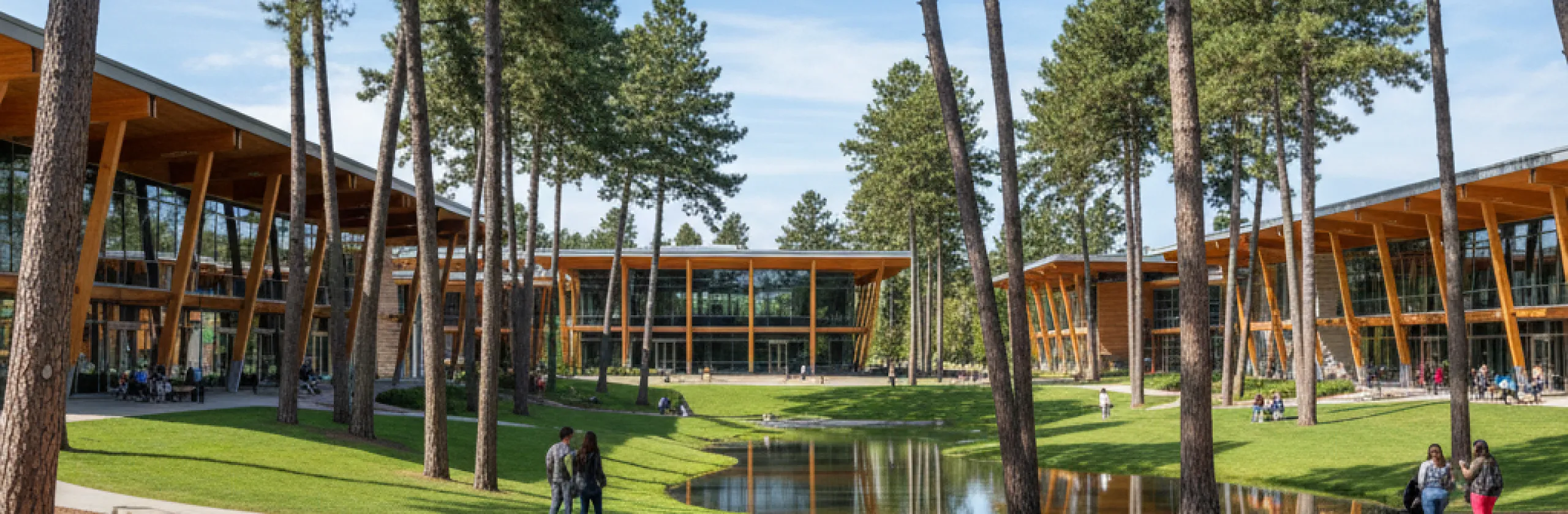Timber and glass academic buildings among tall pines, with a pond and people on lawns