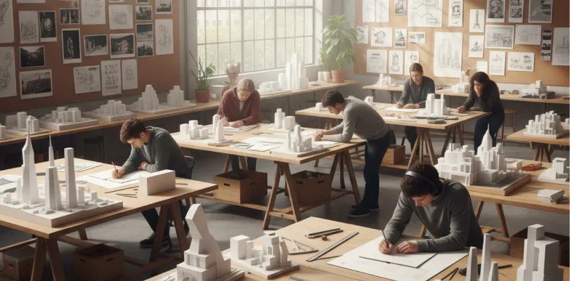 Students at drafting tables building white study models, sketches and photographs pinned to the walls