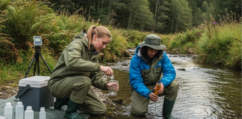 Two people crouching at a stream edge collecting water samples, with cooler and meter nearby