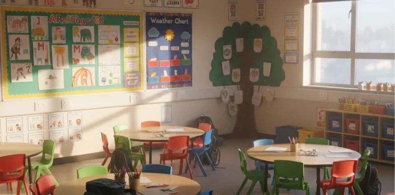 Empty primary classroom with children's artwork, a weather chart, and small colored chairs at round tables
