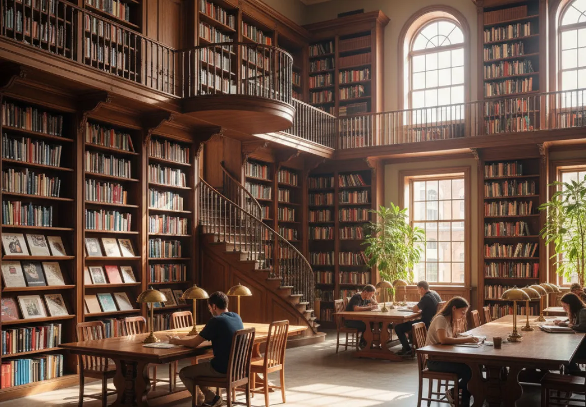 Students reading at long wooden tables in a two-story paneled library with balcony shelving