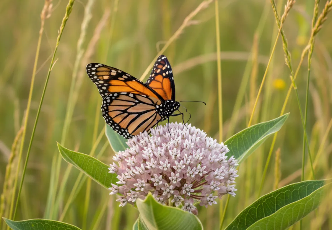 Monarch butterfly resting on a pale pink milkweed flower head in tall prairie grass