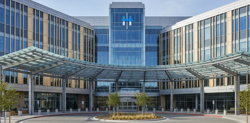 Glass-fronted medical building with a curved metal canopy over the entrance driveway