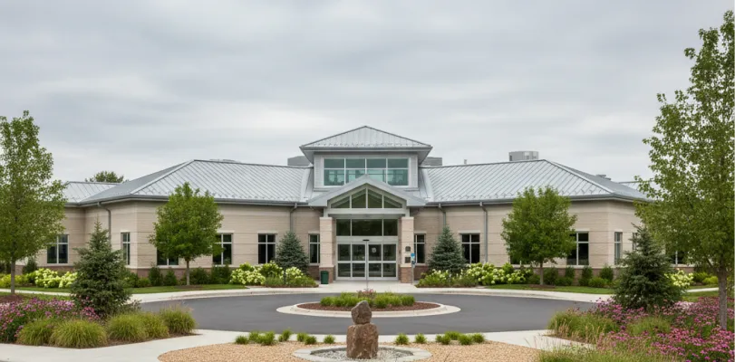 Single-story brick clinic with a metal roof and landscaped circular drive under overcast sky