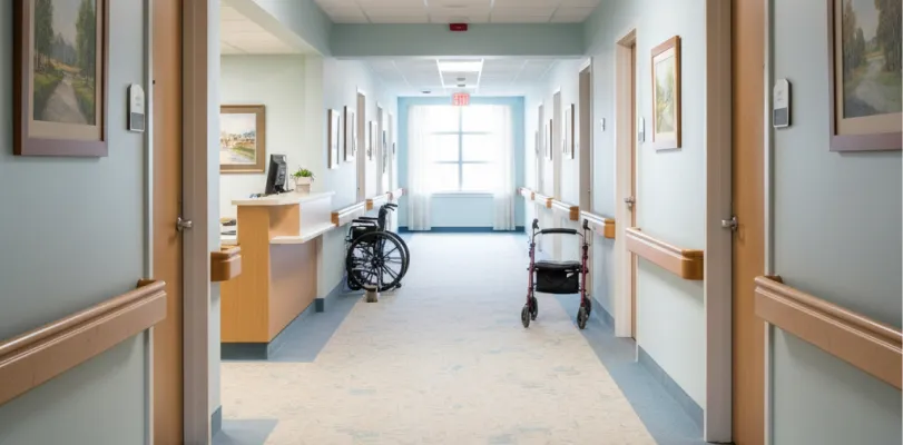 Care facility corridor with handrails, framed landscape prints, a wheelchair and walker near the nurses' station