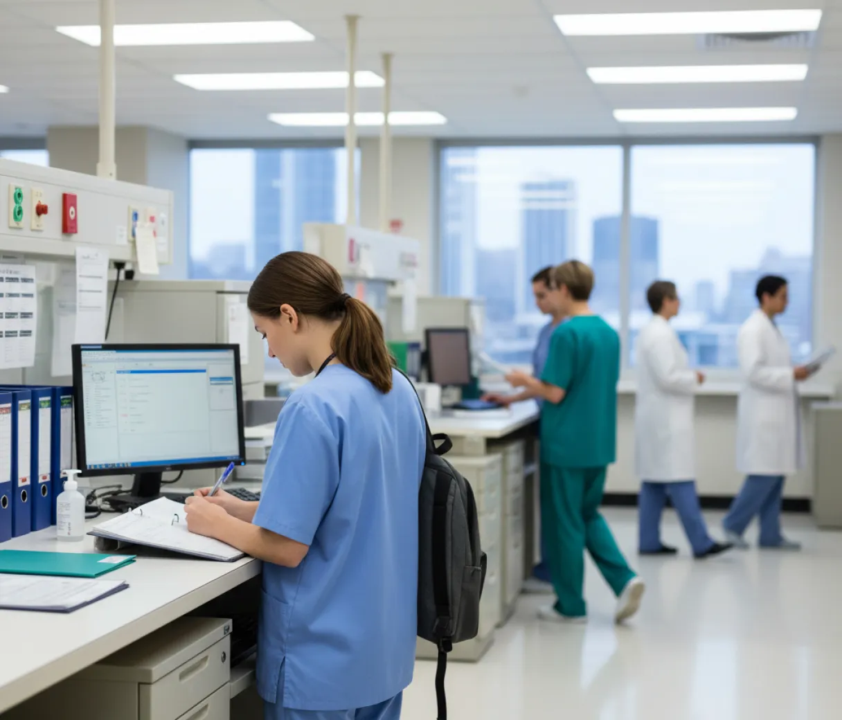 Student in scrubs writing on a clipboard at a hospital workstation as staff pass behind